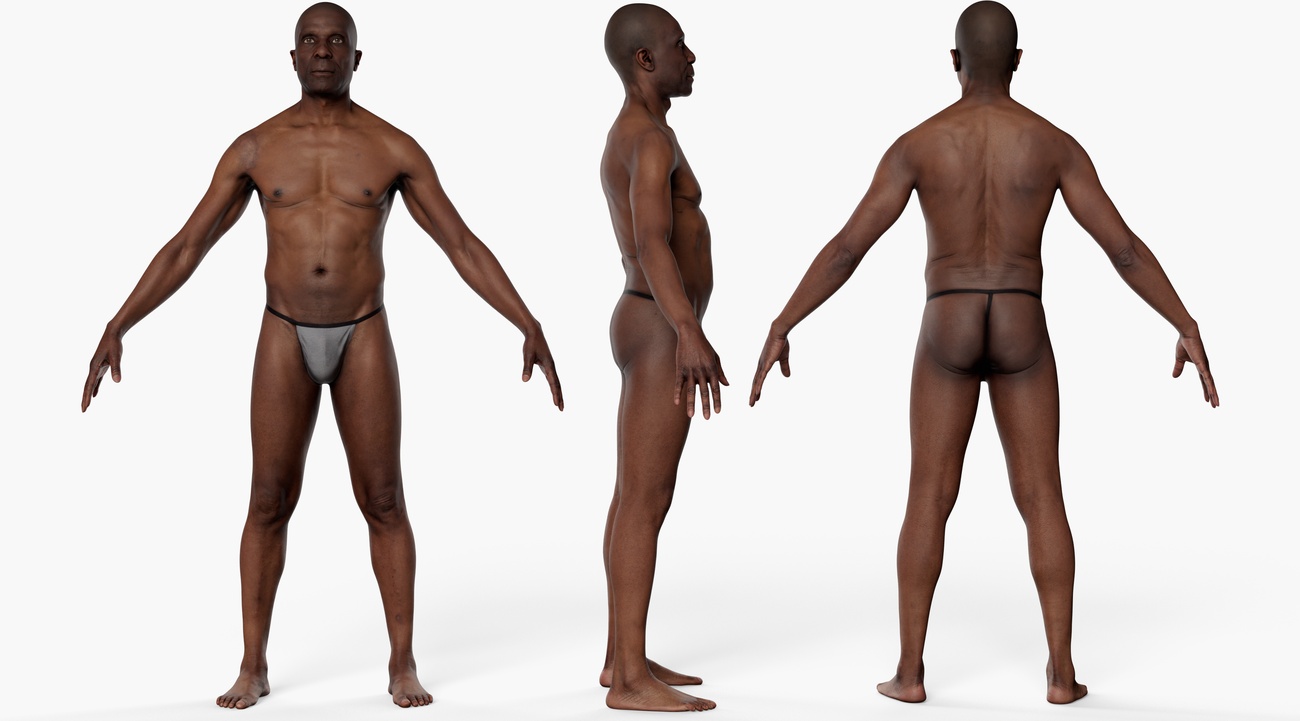 Full body 3D scan of a lean athletic male with mature features, retopologised quad mesh render